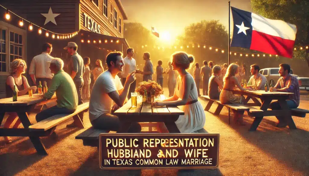 A photorealistic, cinematic wide-angle image illustrating the concept of public representation in Texas common law marriage. The scene features a couple at an outdoor summer event, casually introducing each other as husband and wife to a group of friends. The warm, golden sunset casts a nostalgic glow over the scene. A subtle Texas flag waves in the background, hinting at the legal significance of their words. The atmosphere is lively yet intimate, capturing the informal yet impactful nature of their public representation.