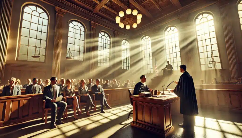 A photorealistic, cinematic wide-angle image depicting a courtroom scene illustrating the evaluation of public representation in legal matters. The setting captures a Texas courtroom bathed in warm summer sunlight streaming through tall windows. A judge attentively listens as a lawyer presents evidence, including financial documents and witness testimonies, to establish a common law marriage. A couple sits at the defendant's table, with expressions of anticipation. The scene conveys the gravity and importance of legal recognition in public representation cases.