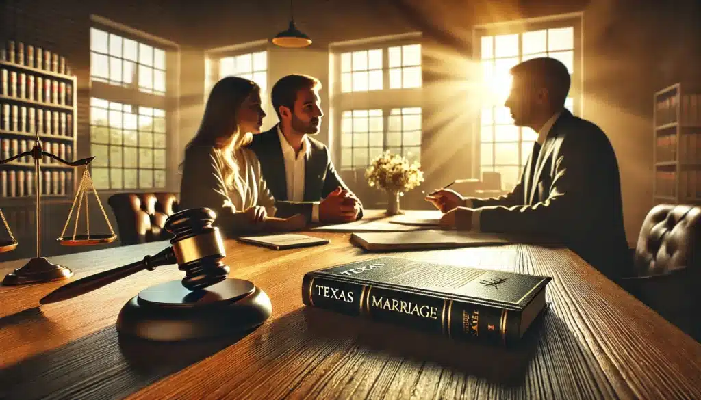 A photorealistic, cinematic wide-angle image illustrating the legal implications of public representation in common law marriage. The scene captures a couple sitting across from a lawyer in a sunlit office, discussing legal documents. The atmosphere is serious yet warm, with golden summer light streaming through the windows. A Texas legal book and a judge's gavel are subtly placed on the desk, symbolizing legal recognition. The image conveys the weight of legal consequences tied to common law marriage.