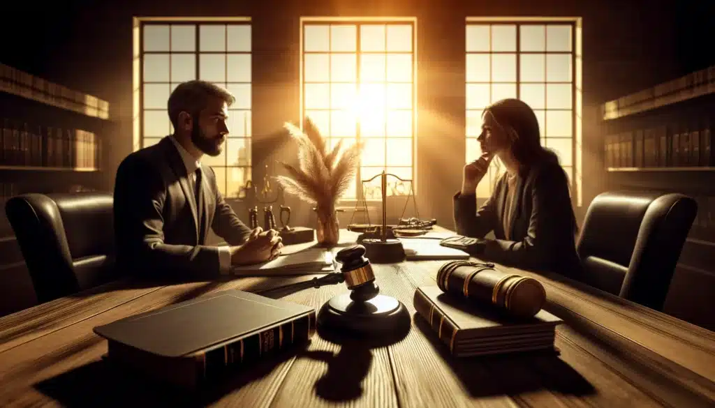 A photorealistic, cinematic wide-angle image illustrating disputes over common law marriages being discussed in a legal context. The scene captures a tense legal meeting in a sunlit law office, with a couple sitting across from their respective attorneys. Documents, legal books, and a judge’s gavel rest on the desk, symbolizing the weight of the discussion. The warm golden summer light streams through the windows, adding depth to the atmosphere. The expressions on the couple’s faces convey concern and determination, emphasizing the serious implications of the dispute.