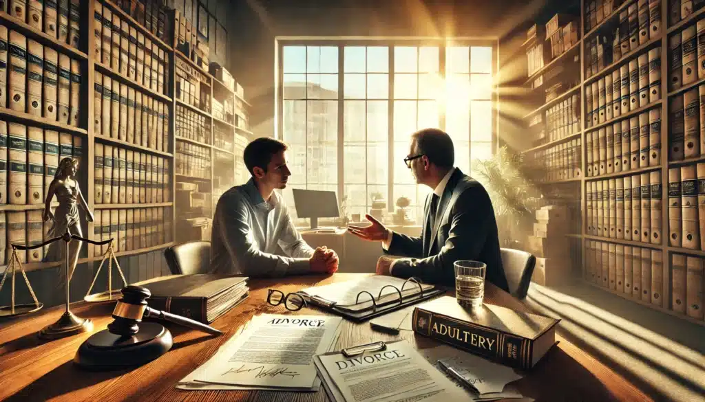 A wide-angle, photo-realistic cinematic image with summer vibes. The scene illustrates the complexities of adultery in Texas divorce law, showing a legal consultation in a professional office. A concerned client discusses the impact of infidelity with an experienced attorney, while legal documents and case files related to divorce and spousal support are spread across a polished wooden desk. Sunlight filters through large office windows, creating a warm but serious atmosphere. The setting conveys the emotional and legal weight of adultery in divorce proceedings.
