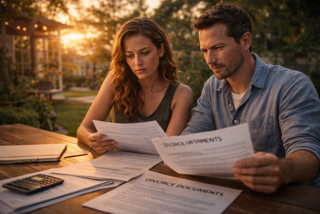 A couple sits together at a table, reviewing financial documents related to their divorce process, which may include divorce papers and spousal support agreements. Their focused expressions suggest they are discussing important matters, possibly involving child support or marital property as they navigate their family law case.