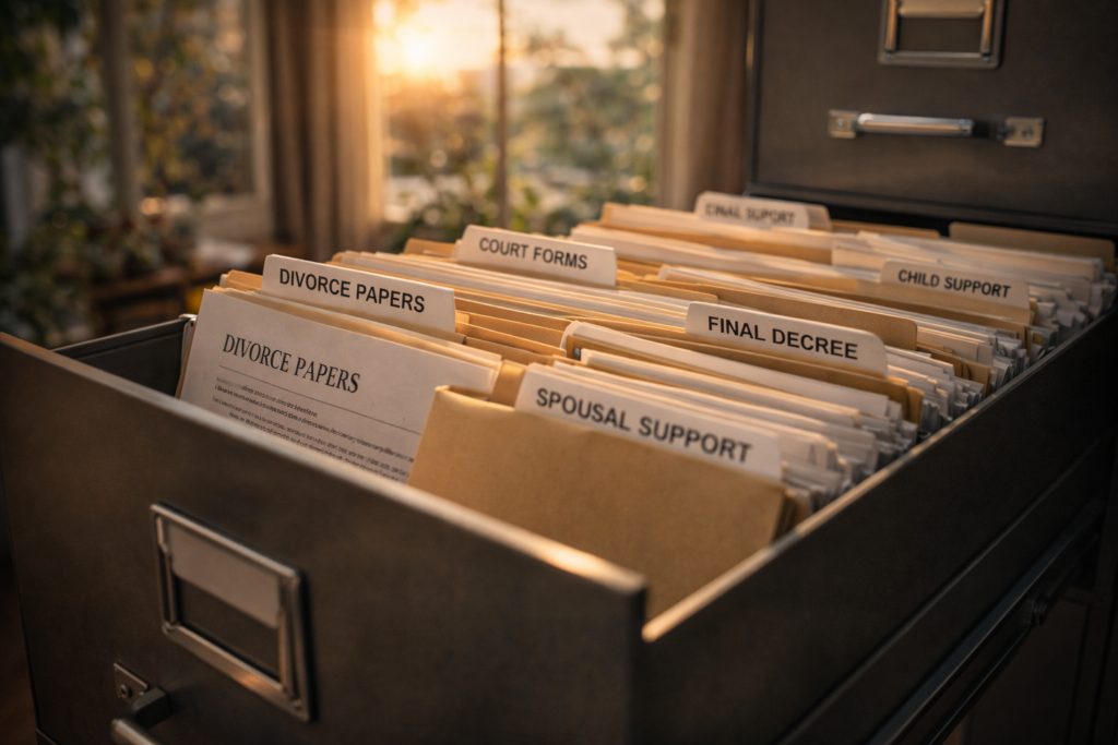 The image depicts a neatly organized filing cabinet filled with various legal documents and folders, including divorce papers and court forms related to family law cases. This setup illustrates the meticulous nature of the divorce process, emphasizing the importance of having all necessary documents, such as the final decree and spousal support forms, readily available.
