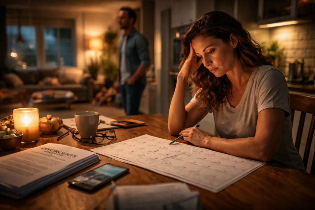 A Texas parent reviewing divorce paperwork and a calendar late at night while preparing to file for divorce.