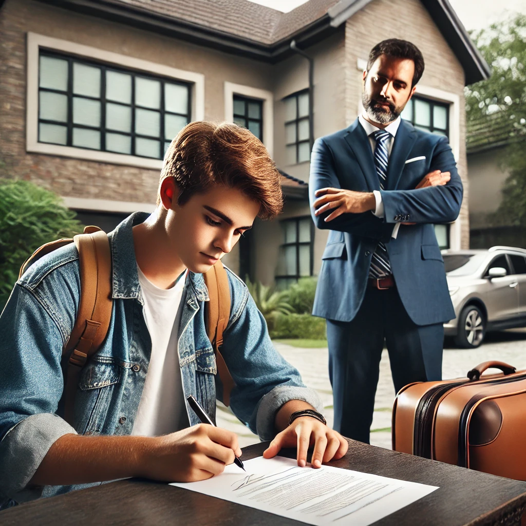 Teen signing legal document with power of attorney implications, adult in business attire observing, residential setting, emphasizing legal transactions in Texas.