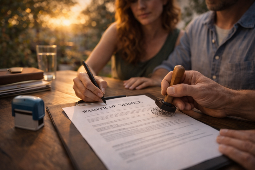 A spouse signs a waiver of service for a Texas divorce while a notary stamps the document, showing proper legal notice during the divorce process.
