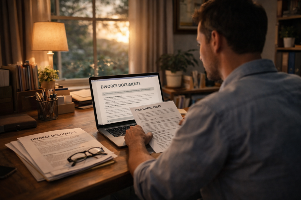 The image shows a person sitting at a home office desk, intently reviewing divorce papers on a laptop, which may include documents related to child support and the divorce process. The workspace is organized, reflecting a focused atmosphere for handling family law cases.