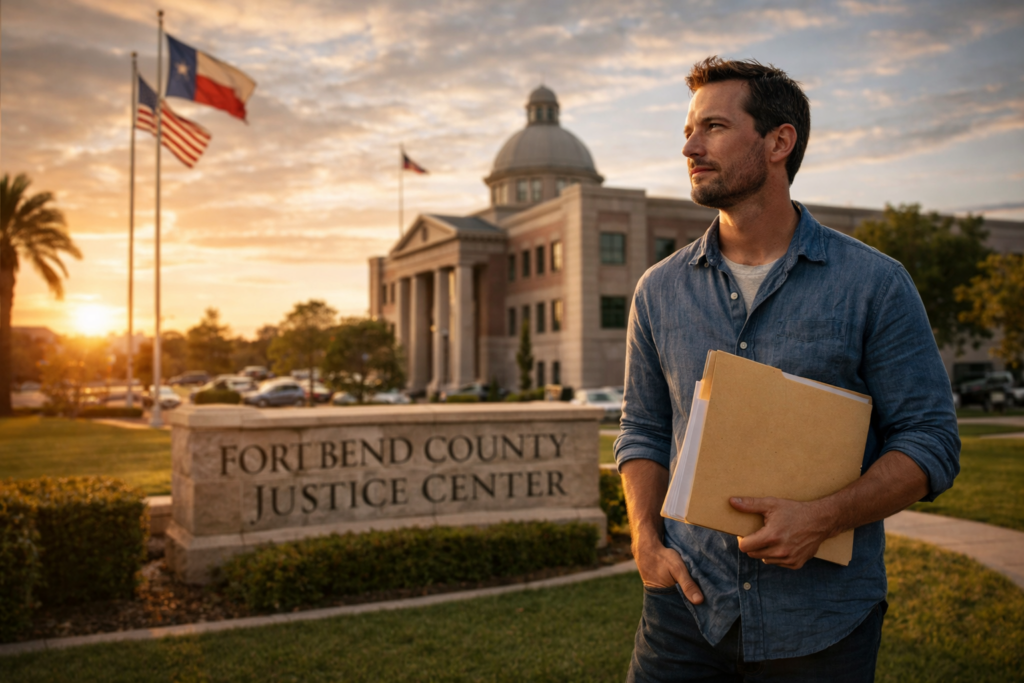 A Texas resident holding divorce paperwork outside a county courthouse at sunset, illustrating residency requirements for filing for divorce in Texas.