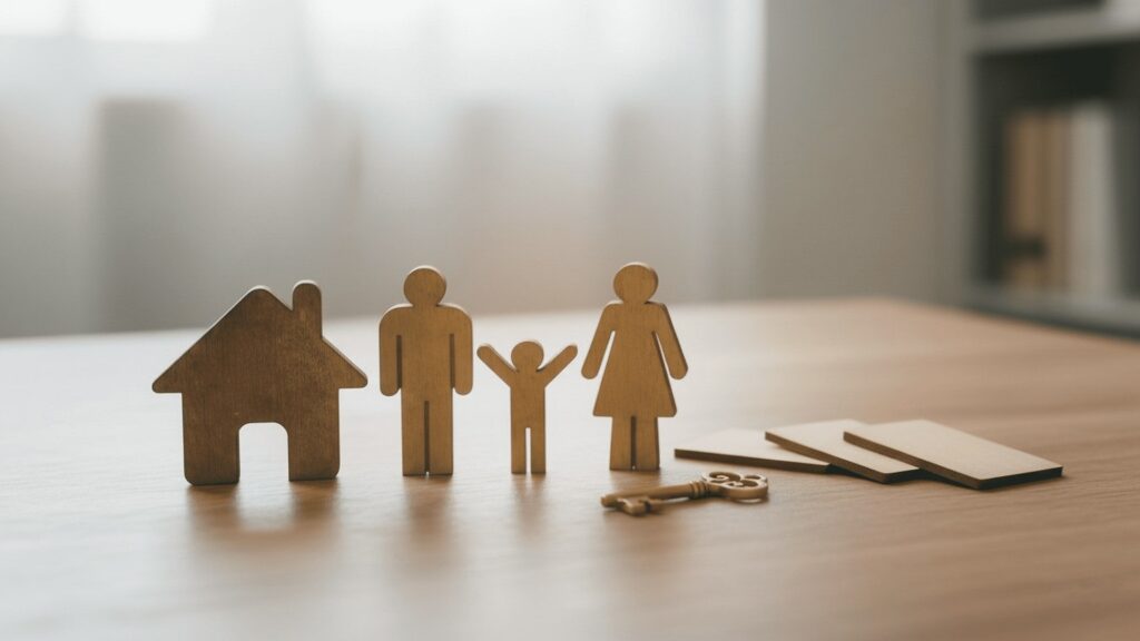 wooden family figures, house and keys