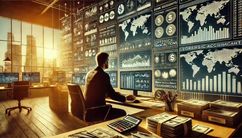 A cinematic, photo-realistic wide-angle image with summer vibes, depicting a forensic accountant in a sleek, modern office, intensely tracing complex financial transactions on a digital screen filled with graphs, bank records, and cryptocurrency movements. The scene shows stacks of financial documents and multiple monitors displaying offshore accounts, stock transactions, and real estate transfers. A warm golden glow from the sunlight filters through large windows, adding to the professional yet high-stakes investigative atmosphere.