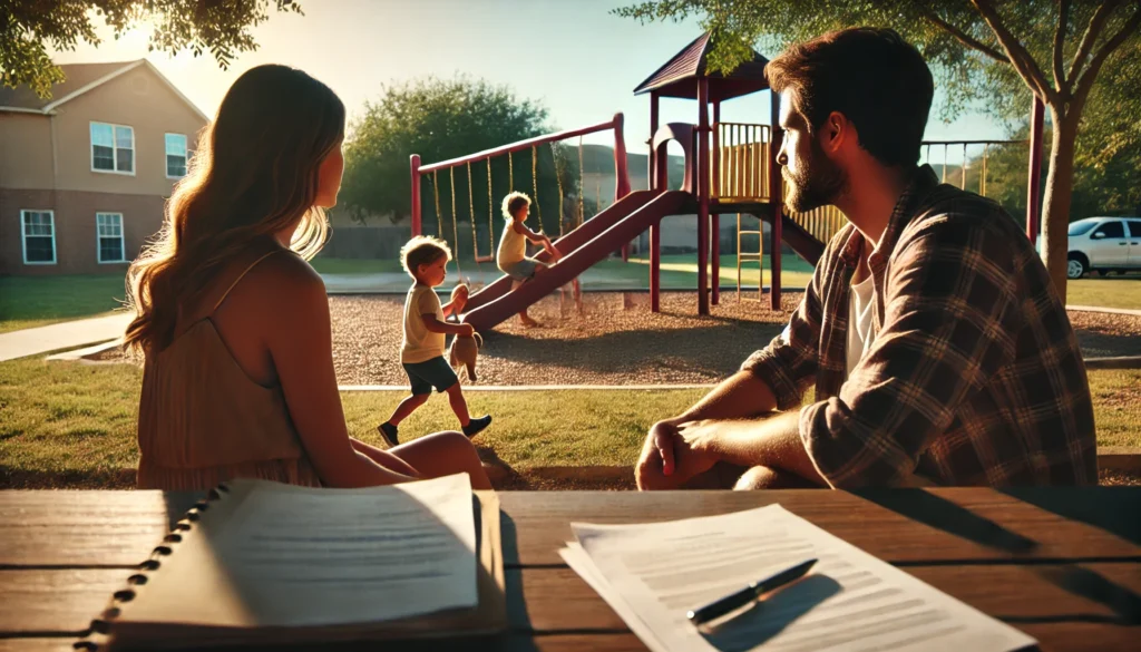 A cinematic, photo-realistic wide-angle image capturing a summer scene at a Texas family park. A mother and father are sitting on separate benches, both watching their children play on a playground. The children, a young boy and girl, are happily playing together, symbolizing unity despite the divorce process. The parents appear thoughtful yet calm, with documents on child custody arrangements resting beside one parent. The warm summer sunlight filters through the trees, creating a peaceful yet emotionally reflective atmosphere.