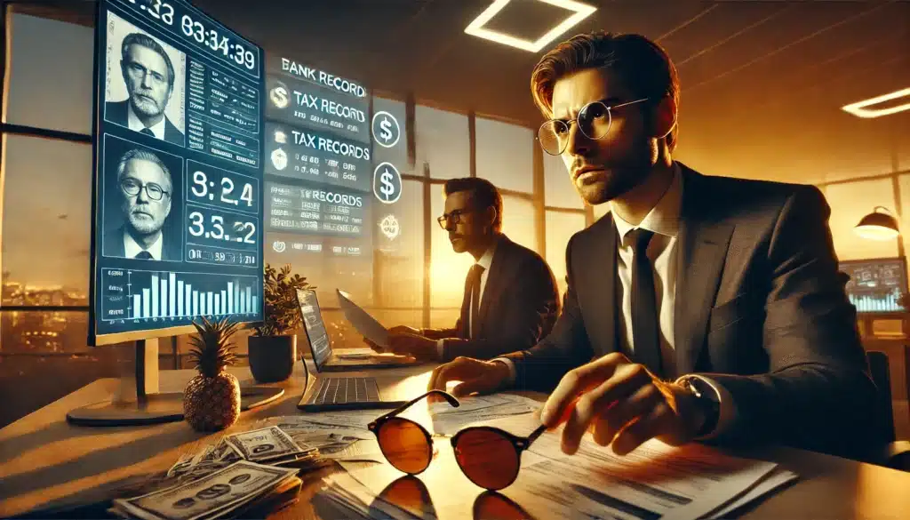 A cinematic, photo-realistic wide-angle image with summer vibes, depicting a forensic accountant in an office, intensely reviewing financial documents, tax records, and digital transactions. The scene highlights the accountant's focused expression as they analyze evidence of hidden assets in a high-stakes divorce case. In the background, a large digital screen displays bank statements, cryptocurrency symbols, and real estate transactions, emphasizing the complexity of asset tracing. The warm lighting and modern office setting evoke a professional yet dramatic atmosphere.