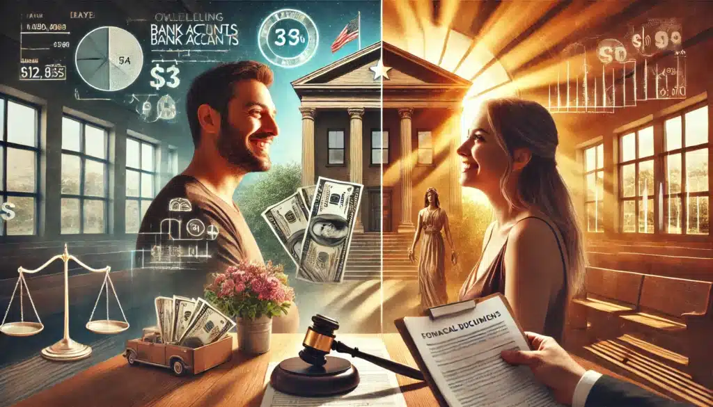 A photo-realistic, cinematic wide-angle image with summer vibes. A conceptual illustration visually representing the commingling of assets in a Texas divorce. A split-screen effect shows a couple's financial life before and after divorce: on one side, a married couple smiling while reviewing joint finances, and on the other side, a tense courtroom scene with lawyers presenting financial documents. The image includes symbolic elements like overlapping bank accounts, property deeds, and legal paperwork to represent the complexity of asset division. Warm Texas sunlight casts a dramatic tone, emphasizing the emotional weight of the situation.