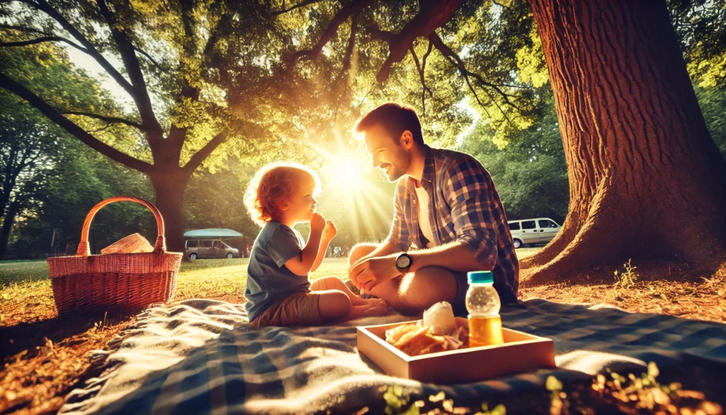 A cinematic, photo-realistic wide-angle image with summer vibes. A child and their parent spending quality time together in a park. The parent and child are sitting on a picnic blanket under a large tree, sharing a snack and laughing. The child is holding a small toy, while the parent leans in, engaging warmly with their child. Sunlight filters through the trees, casting a golden glow across the scene, emphasizing the bond between them. The atmosphere is warm, peaceful, and joyful, highlighting the importance of their relationship.