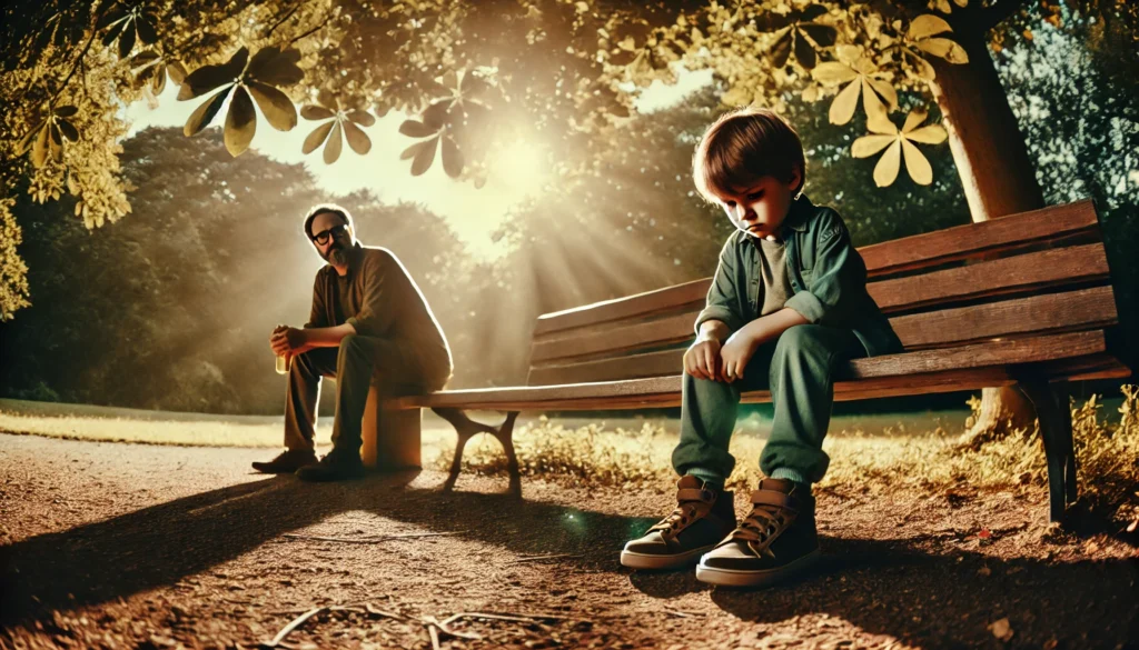 A cinematic, photo-realistic wide-angle image with summer vibes. A child sitting on a park bench during a visitation with a parent, looking unhappy and distant. The child appears withdrawn, staring down at their shoes while holding a small toy. The visiting parent sits nearby, looking frustrated and unsure how to connect. Sunlight filters through the trees, casting a warm glow, but the tension and sadness between them are evident. The atmosphere highlights the emotional strain of attempted interference with visitation rights.