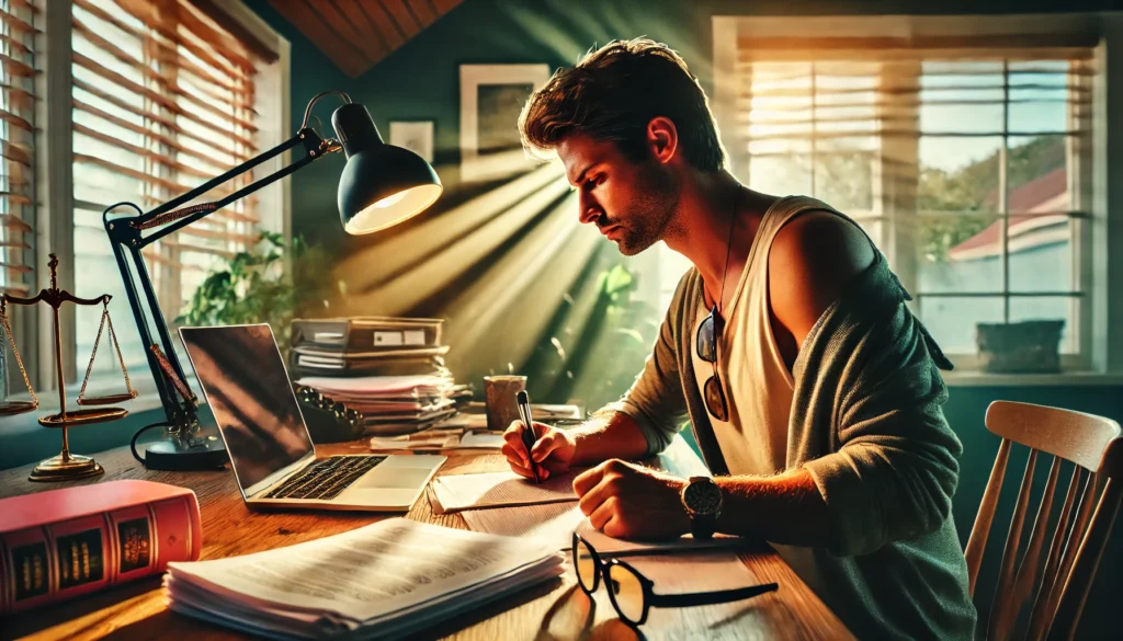 A cinematic, photo-realistic wide-angle image with summer vibes. A parent sits at a home office desk, determinedly preparing to oppose a relocation request. The desk is covered with organized legal documents, a laptop open with a visible legal brief, and a cup of coffee nearby. The parent is focused, writing notes on a notepad with a highlighter in hand. Sunlight streams through the window, creating a warm glow that contrasts with the parent's serious and focused expression. The atmosphere reflects both tension and determination, emphasizing the strategic planning involved in opposing relocation.