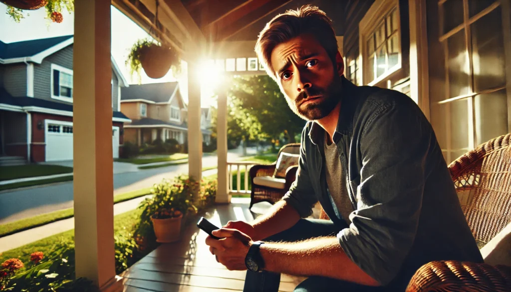 A wide-angle, photo-realistic, cinematic summer scene featuring a concerned parent. The parent is sitting on a sunlit porch, looking worried while holding a phone. The atmosphere is tense yet calm, with warm summer lighting and a quiet suburban neighborhood in the background. The parent's expression reflects concern and urgency, hinting at the emotional strain of an emergency custody situation.