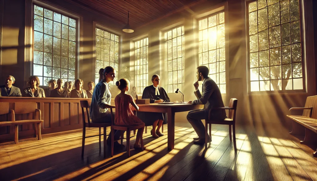 A wide-angle, photo-realistic, cinematic summer scene depicting real-life examples and case studies related to emergency custody orders. The image shows a courtroom environment with a family seated at a table, a concerned parent speaking with their attorney, and a judge listening attentively. The setting is bathed in warm summer light streaming through large windows, evoking a sense of seriousness with a touch of hope. The family’s emotions — concern, determination, and relief — are evident, capturing the gravity of the situation.