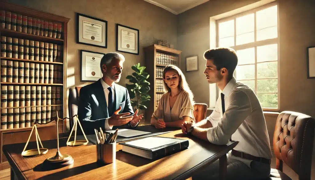 A photo-realistic, cinematic wide-angle image with summer vibes. A family law attorney sits in a well-lit office, providing guidance to a divorcing couple. The attorney, dressed professionally, gestures towards legal documents on the desk while the couple listens attentively. The office has a warm and inviting atmosphere with bookshelves filled with legal texts, framed certificates on the wall, and sunlight streaming through large windows. The divorcing couple appears tense but focused, emphasizing the seriousness of the discussion. The scene captures the professionalism and empathy of the attorney in guiding clients through the complexities of divorce.