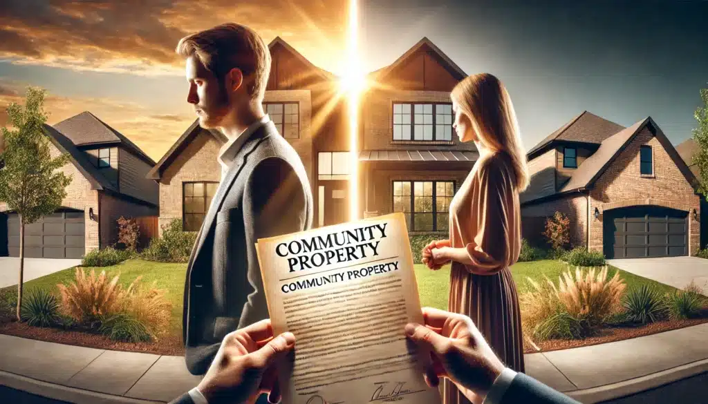 A cinematic, photo-realistic wide-angle image representing the presumption of community property in Texas. The scene captures a couple standing in front of a modern suburban home under golden summer sunlight, symbolizing shared marital assets. Between them, a legal document labeled 'Community Property' is held by both, illustrating joint ownership. In the background, a split image effect subtly divides the home and other assets, representing the complexities of property division in Texas divorces. The atmosphere is warm yet serious, evoking the legal and emotional weight of community property laws.