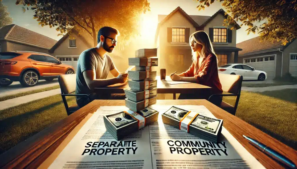 A cinematic, photo-realistic wide-angle image illustrating the commingling of assets and its impact on property classification in Texas. The scene captures a couple sitting at an outdoor table under warm summer sunlight, reviewing financial documents with a mix of frustration and concern. In front of them, two stacks of money—one labeled 'Separate Property' and the other 'Community Property'—are shown merging into a single pile, visually representing the blending of assets. In the background, a suburban home and a car appear partially blurred, symbolizing the legal complexities of asset classification. The atmosphere is warm yet serious, evoking the emotional and financial challenges of commingling in a Texas divorce.