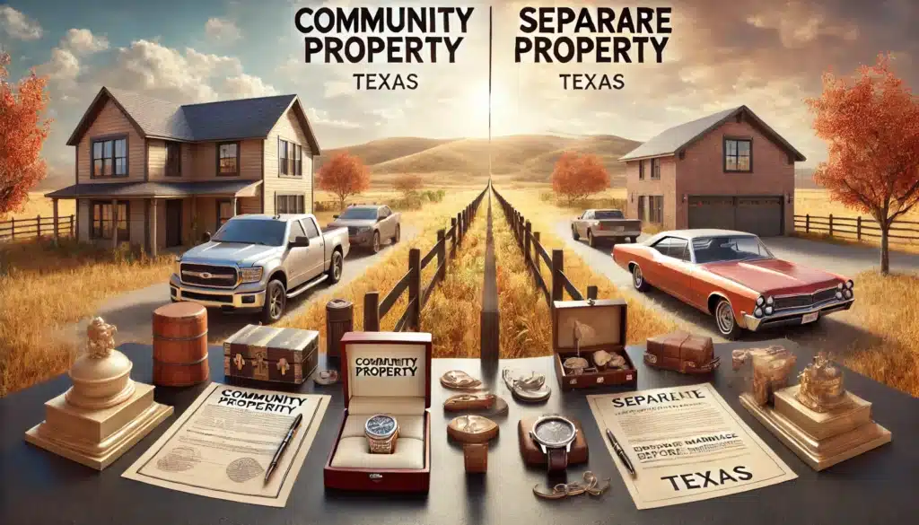 A photorealistic, cinematic wide-angle image illustrating the differences between community property and separate property in Texas. The scene features a split visual: on one side, labeled 'Community Property,' there are assets like a family home, shared bank account, and jointly owned car. On the other side, labeled 'Separate Property,' there are items such as an inheritance document, a luxury watch, a personal savings account, and a classic car owned before marriage. The background showcases a Texas-style ranch landscape with a warm summer atmosphere, clear skies, and natural sunlight. The image is informative and visually engaging, emphasizing the legal distinctions between these property types.