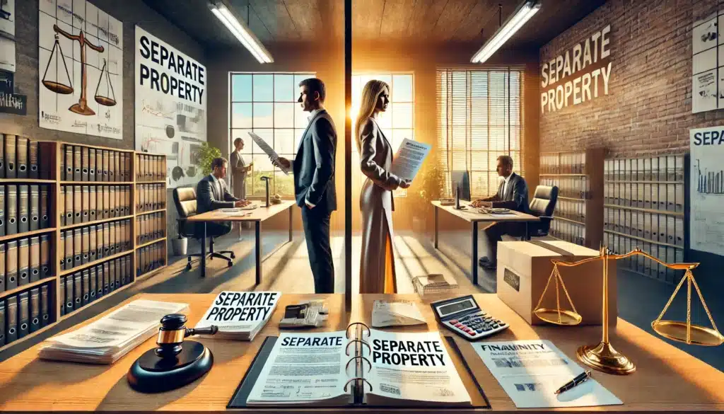 A photorealistic, cinematic wide-angle image representing the challenges of proving a business as separate property during a divorce. The scene features a business owner standing on one side of a split image, holding financial documents and a deed marked 'Separate Property,' while on the other side, a spouse with legal documents argues for community ownership. The background showcases a modern office with legal paperwork, a judge’s gavel, and financial statements spread across a desk. The atmosphere is warm with summer lighting streaming through large windows, creating a high-stakes yet professional mood. The image is engaging and visually informative, highlighting the legal complexities of business ownership in a Texas divorce.
