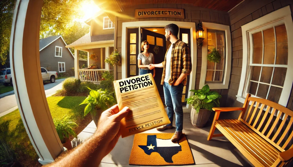 A photo-realistic, wide-angle image with summer vibes showing a person standing at the front door of a suburban home, handing over a legal envelope titled 'Divorce Petition' to another individual. The person receiving the envelope appears surprised but calm. Sunlight filters through the trees, casting warm shadows on the porch. The home features a welcoming entryway with potted plants, a wooden bench, and a Texas-themed doormat. The atmosphere feels serious yet peaceful, reflecting the emotional weight of the divorce process.