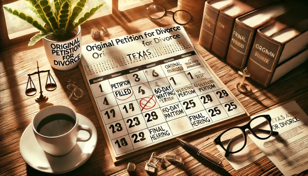 A photo-realistic, wide-angle image with summer vibes showing a calendar on a wooden desk marked with key legal deadlines for a Texas divorce. The calendar has dates circled in red with labels like 'Petition Filed,' '60-Day Waiting Period,' and 'Final Hearing.' A legal document titled 'Original Petition for Divorce' is placed beside the calendar, along with a cup of coffee, reading glasses, and a pen. Sunlight streams through a nearby window, giving the scene a warm and contemplative mood, reflecting the careful planning needed during the divorce timeline.