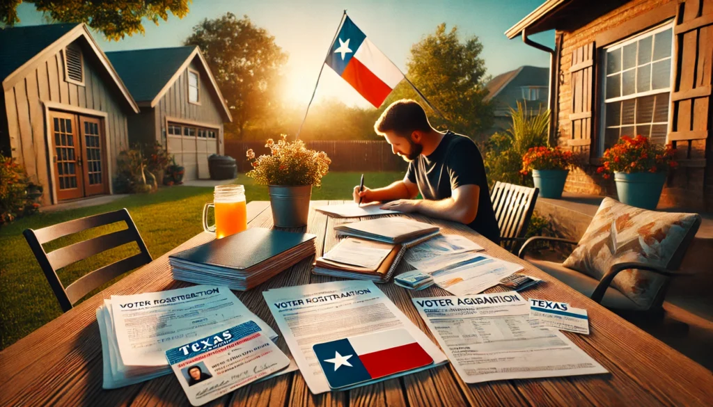 A cinematic, wide-angle, photo-realistic image with summer vibes representing the importance of proper documentation for proving residency in Texas divorce cases. The scene shows a person sitting at a wooden patio table in a Texas-style suburban backyard, organizing paperwork under the warm glow of a setting sun. Documents such as a Texas driver's license, utility bills, voter registration card, and lease agreements are neatly spread across the table. A Texas flag waves in the background, and the scene is filled with greenery, warm sunlight, and a calm yet purposeful atmosphere, symbolizing the importance of detailed preparation for residency proof.