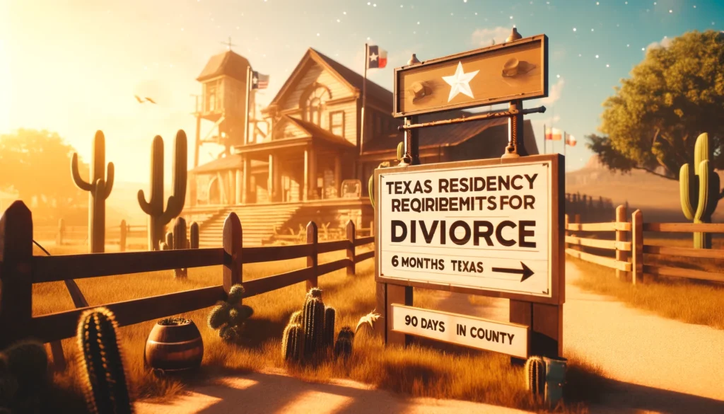A cinematic, wide-angle image with summer vibes depicting Texas residency requirements for divorce. The image shows a Texas-themed scene with a courthouse in the background, surrounded by warm, golden sunlight. In the foreground, a signboard reads 'Texas Residency Requirements for Divorce' with arrows pointing to '6 Months in Texas' and '90 Days in County.' The environment features elements that evoke Texas charm—rustic wooden fences, cacti, and a clear blue sky. The visual feels inviting yet informative, blending legal guidance with a relaxed summer atmosphere.