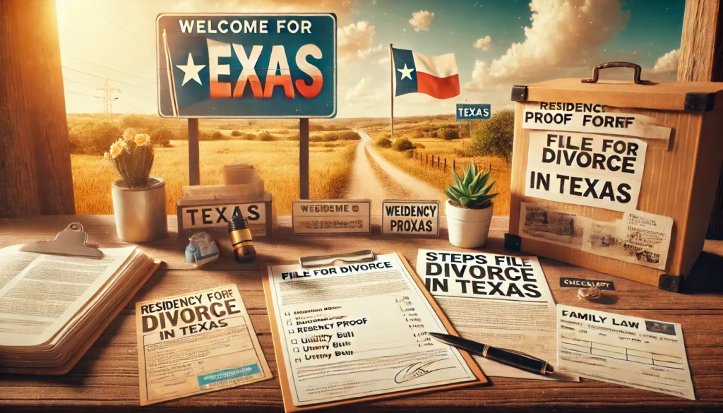 A cinematic, wide-angle image with summer vibes depicting a visual guide on filing for divorce after moving to Texas. The image shows a warm Texas landscape with golden sunlight, a rustic wooden desk in the foreground covered with essential documents such as residency proof forms, utility bills, and a checklist titled 'Steps to File for Divorce in Texas.' A signboard in the background reads 'Welcome to Texas' with a family law office nearby. The scene combines informative elements with a relaxed yet serious tone, evoking guidance and clarity for those navigating the divorce process in Texas.