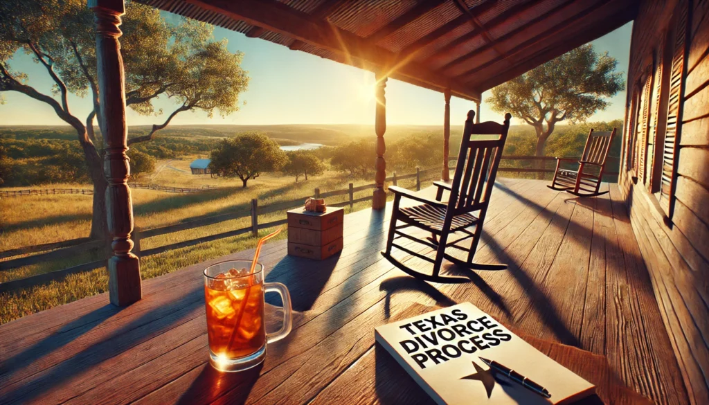 A cinematic, wide-angle, photo-realistic image of a serene Texas ranch during a warm summer evening. The landscape features golden sunlight casting long shadows across a rustic wooden porch with a rocking chair, iced tea on a table, and a notepad labeled 'Texas Divorce Process'. The horizon shows a peaceful Texas countryside with trees gently swaying in the breeze. The overall mood is calm yet contemplative, symbolizing the waiting period in a Texas divorce.