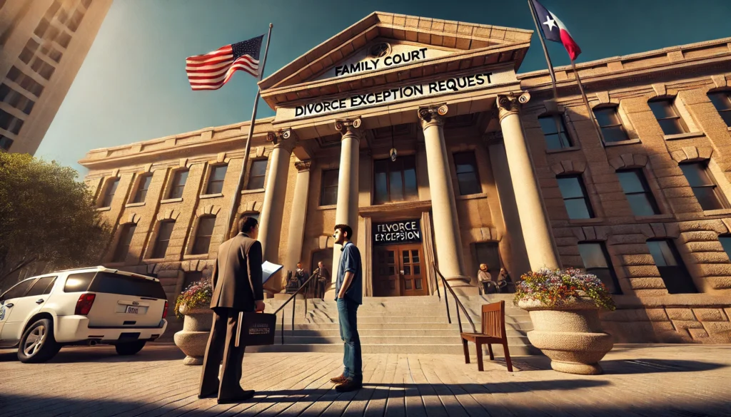 A cinematic, wide-angle, photo-realistic image depicting a Texas courthouse entrance on a warm summer afternoon. The building is grand with classic stone pillars, an American flag waving above, and a bronze plaque reading 'Family Court'. Outside the courthouse, a distressed individual is seen speaking to their attorney, who is holding a folder marked 'Divorce Exception Request.' The sunlight casts a warm glow on the scene, while the presence of serious facial expressions and the courthouse backdrop conveys urgency and the gravity of seeking exceptions to the mandatory waiting period in Texas divorces.