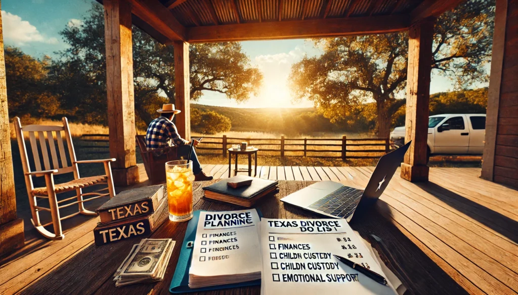 A cinematic, wide-angle, photo-realistic image of a person sitting on a rustic Texas porch during a warm summer afternoon. The individual is thoughtfully organizing paperwork labeled 'Divorce Planning' with folders marked 'Finances,' 'Child Custody,' and 'Emotional Support.' A laptop sits open on the table, showing a checklist titled 'Texas Divorce To-Do List.' The porch overlooks a peaceful Texas landscape with golden sunlight streaming through trees, evoking a calm yet focused atmosphere. A glass of iced tea and a pen rest nearby, symbolizing productivity and preparation during the waiting period.