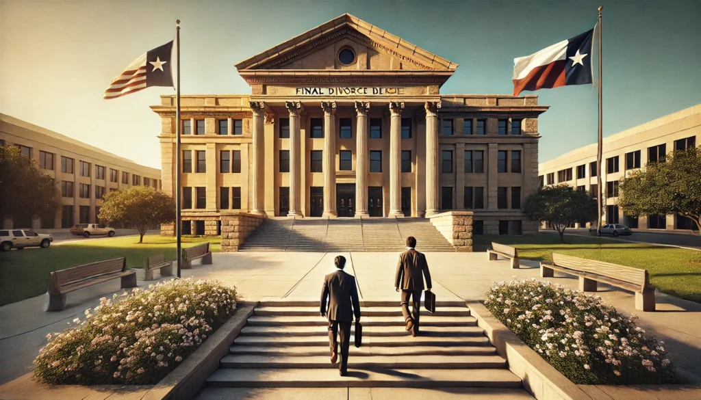 A cinematic, wide-angle, photo-realistic image of a Texas courthouse during a warm summer afternoon. The courthouse has a grand stone facade with large steps leading to the entrance. A couple is seen walking down the steps separately, each holding a folder labeled 'Final Divorce Decree.' The expressions on their faces are a mix of relief and reflection. The golden sunlight bathes the scene, casting long shadows on the pavement. Nearby, a Texas flag flutters in the breeze, and blooming summer flowers line the courthouse pathway, adding a peaceful yet symbolic sense of closure.