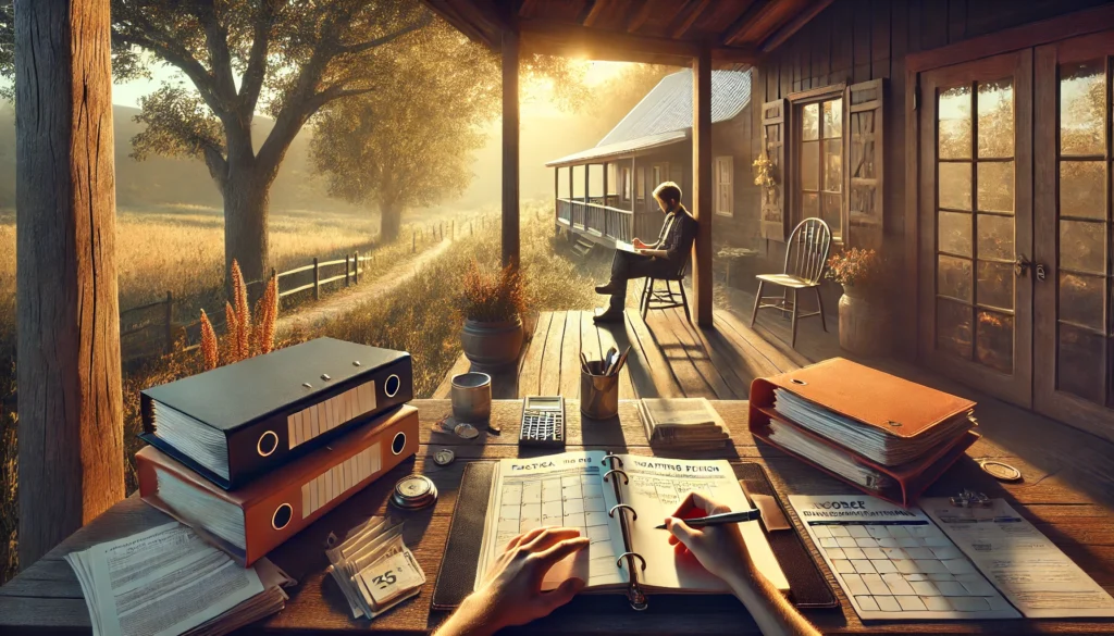 A cinematic, photo-realistic wide-angle image representing 'Practical tips for navigating the divorce waiting period in Texas.' The scene shows a person sitting on a wooden porch in a peaceful Texas countryside, writing in a notebook while surrounded by organized folders, financial documents, and a calendar marked with key dates. A warm summer breeze flows through the trees, and the golden sunlight casts a calm yet determined mood. The atmosphere suggests thoughtful planning and preparation during this transitional period.