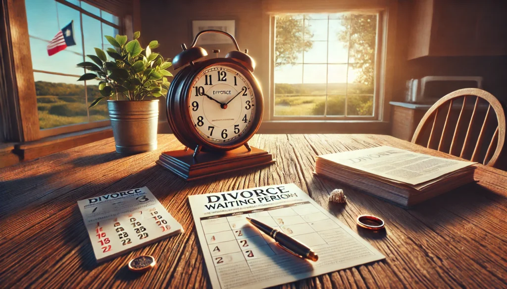 A cinematic, photo-realistic wide-angle image representing 'Impact of the divorce waiting period on the overall divorce timeline.' The scene shows a clock placed prominently on a rustic wooden table, symbolizing the passing of time. Nearby, divorce papers, a calendar marked with key dates, and a wedding ring placed on the table evoke a sense of waiting and reflection. The setting is illuminated by warm summer sunlight, with a window revealing a peaceful Texas landscape in the background. The mood blends contemplation with the feeling of moving forward.