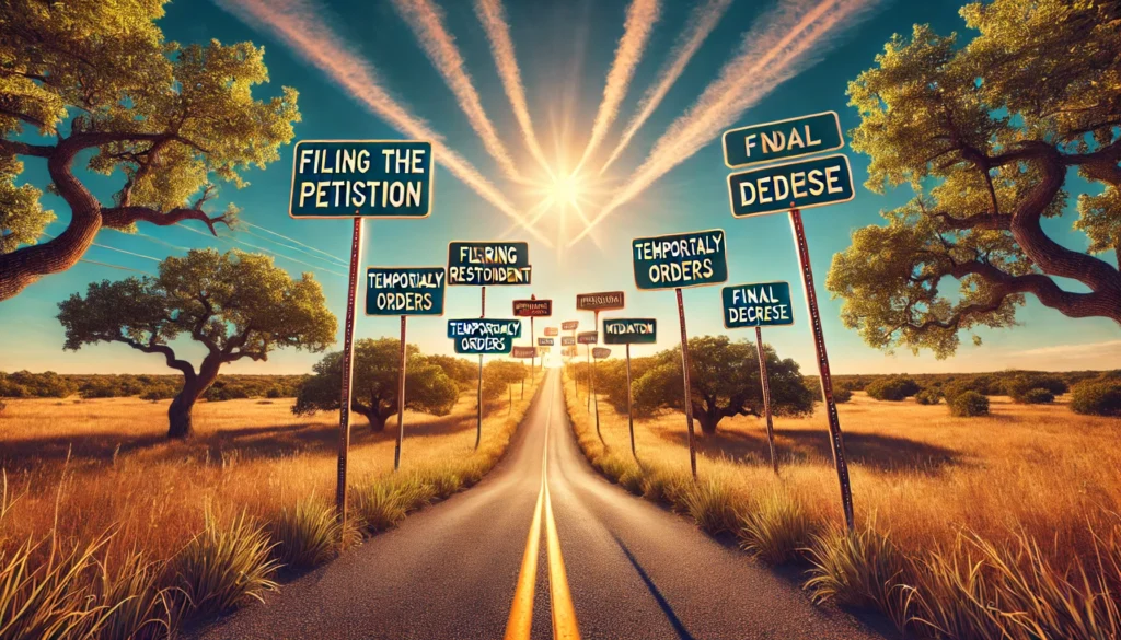 A wide-angle, cinematic, photo-realistic summer scene illustrating the key stages of the Texas divorce process. The image depicts a symbolic journey on a winding road with various milestones marked by road signs. Each sign represents key stages such as 'Filing the Petition,' 'Serving the Respondent,' 'Temporary Orders,' 'Mediation,' and 'Final Decree.' The road stretches under a vibrant blue sky with warm sunlight casting a golden hue. Lush green trees and dry Texas grass border the road, creating a reflective yet hopeful mood. The scene embodies progress through challenging times, symbolizing the divorce journey in Texas.