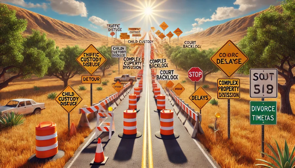 A wide-angle, cinematic, photo-realistic summer scene representing factors that can extend the divorce timeline in Texas. The image shows a long, winding road with multiple obstacles symbolizing delays. Traffic cones, roadblocks, detour signs, and warning markers labeled 'Child Custody Dispute,' 'Complex Property Division,' and 'Court Backlog' are scattered along the path. The road stretches under a clear blue sky with warm summer sunlight casting a golden glow. Lush green trees and dry grass line the roadside, reinforcing a sense of waiting, frustration, and delays on the journey to resolution.