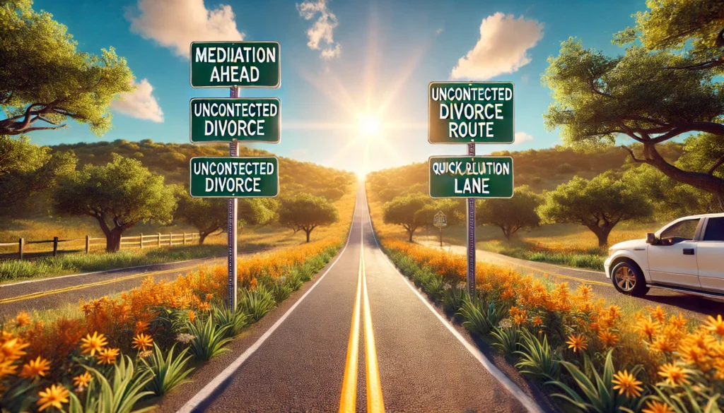 A wide-angle, cinematic, photo-realistic summer scene representing expediting the divorce process in Texas. The image depicts a long, open road with clear signage labeled 'Mediation Ahead,' 'Uncontested Divorce Route,' and 'Quick Resolution Lane.' The road is smooth, with no obstacles, symbolizing a fast and efficient process. The sky is bright blue with a few wispy clouds, and warm sunlight bathes the landscape in a golden glow. Vibrant green trees and blooming wildflowers line the road, creating an uplifting and hopeful atmosphere. The scene evokes a sense of progress, ease, and moving forward without delays.