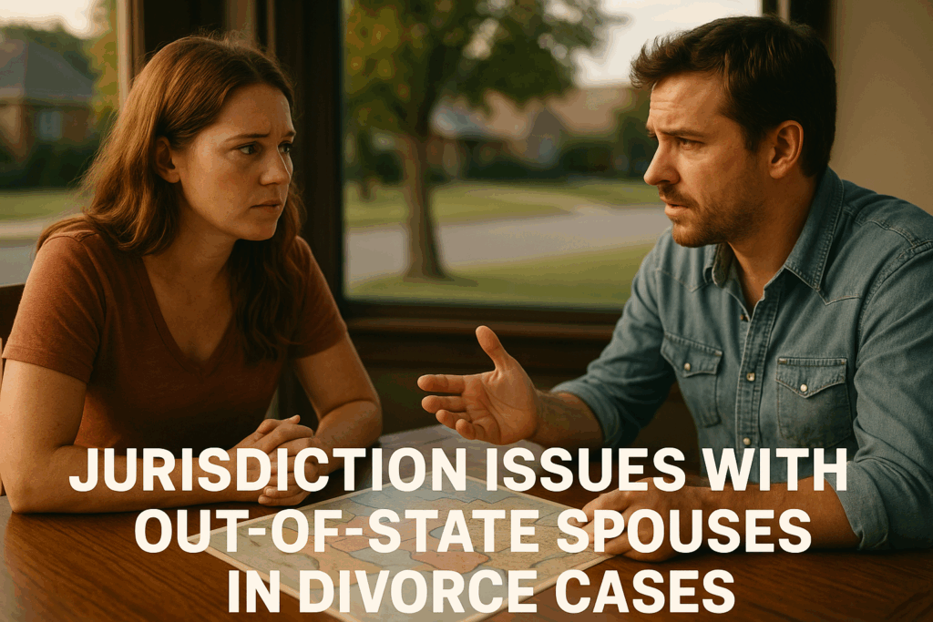 A visual representation of jurisdiction issues with out-of-state spouses in divorce cases.