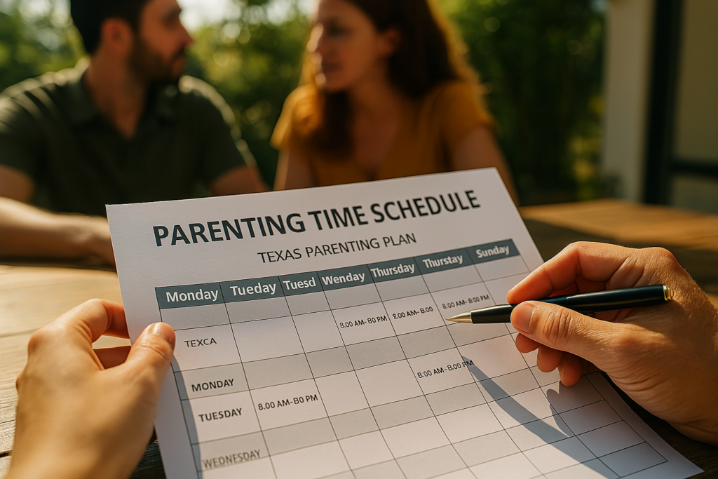 Crafting a comprehensive Texas parenting plan, with visuals of a detailed parenting time schedule.