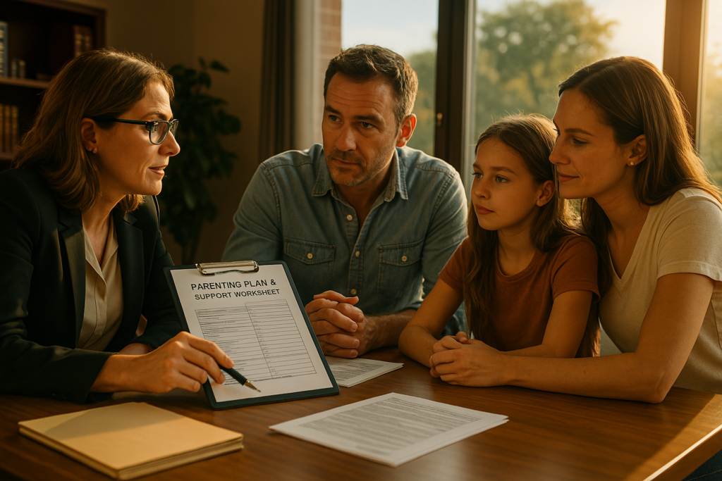 Customizing your parenting plan and support worksheet, depicting a family consulting with an attorney.