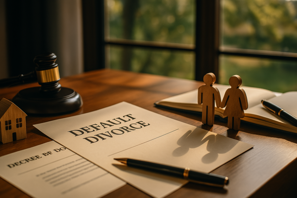 What can be requested in a default divorce, including property division and child custody.