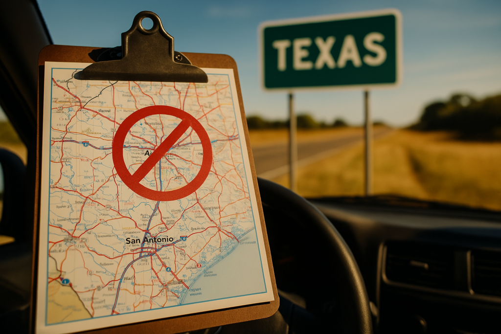 A visual representation of geographic restrictions in child custody orders in Texas.