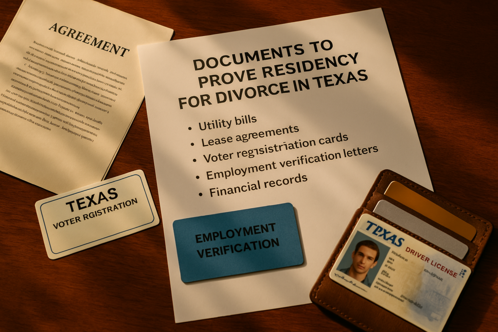 An array of documents needed to prove residency for divorce in Texas.