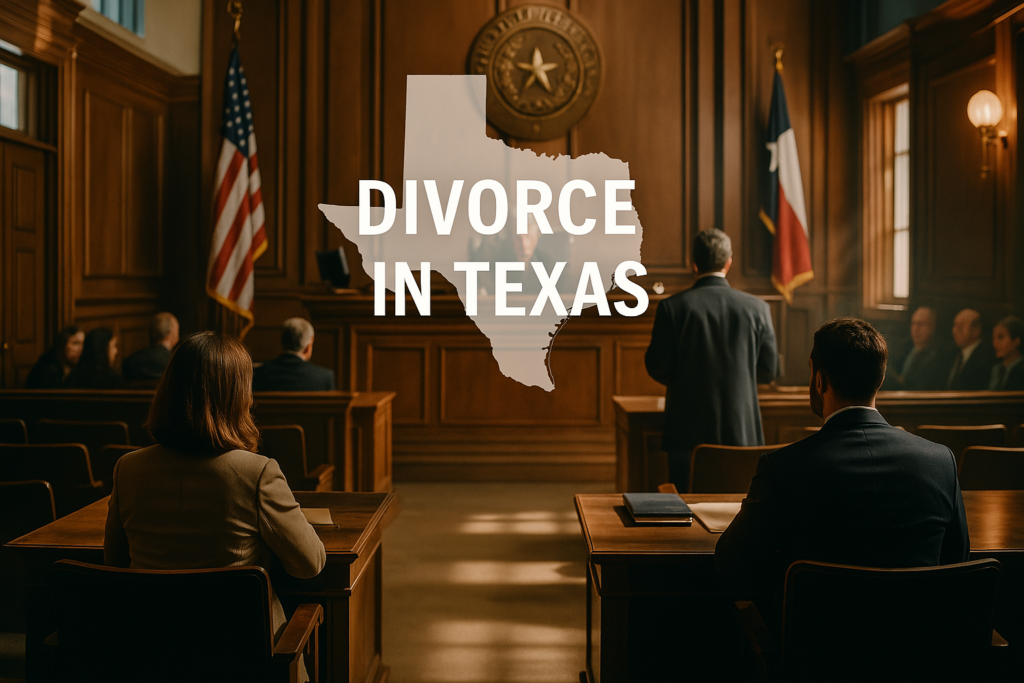 A courtroom scene representing divorce proceedings in Texas.