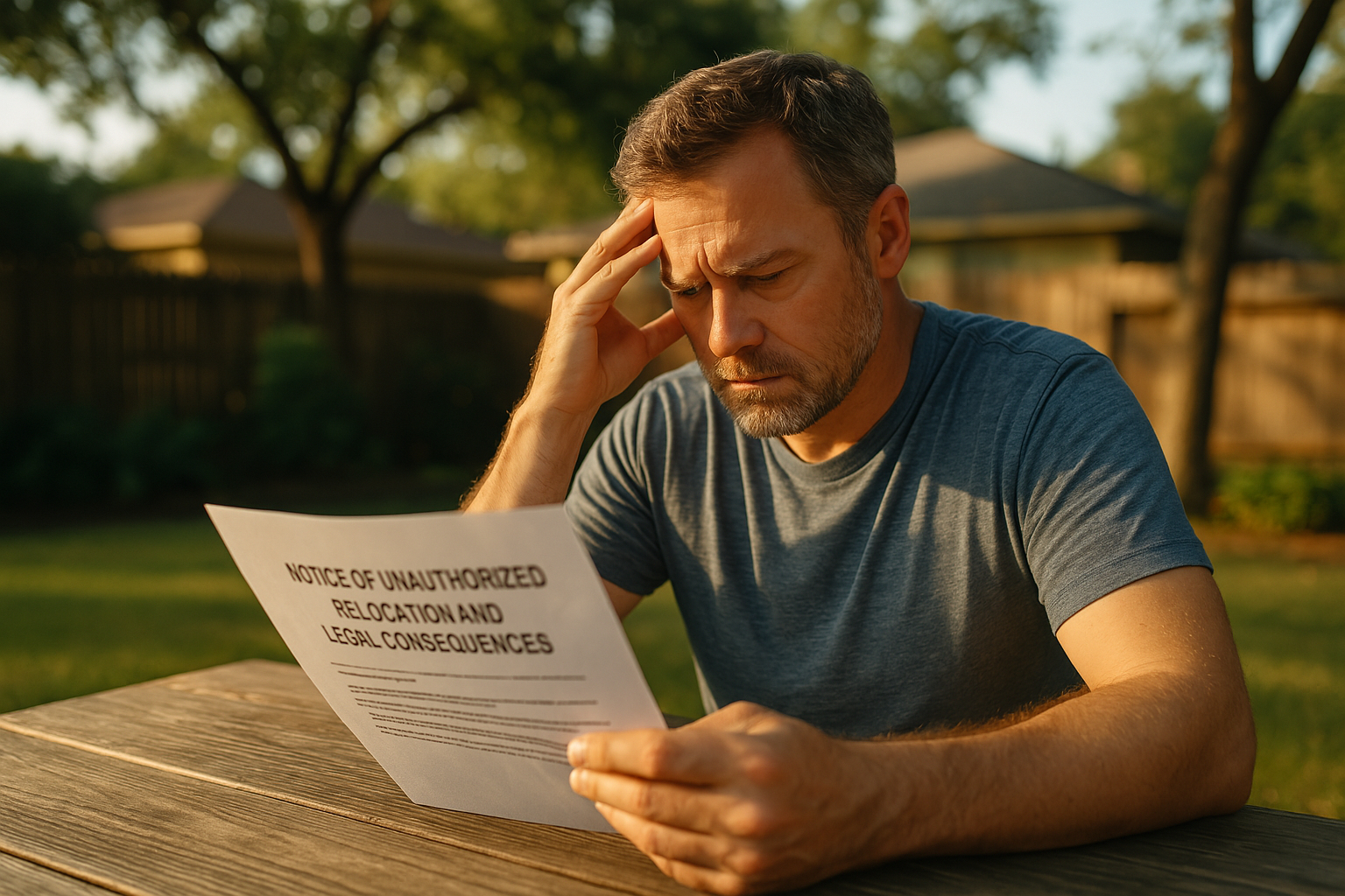 A concerned parent looking at a legal document regarding the potential consequences of unauthorized relocation.
