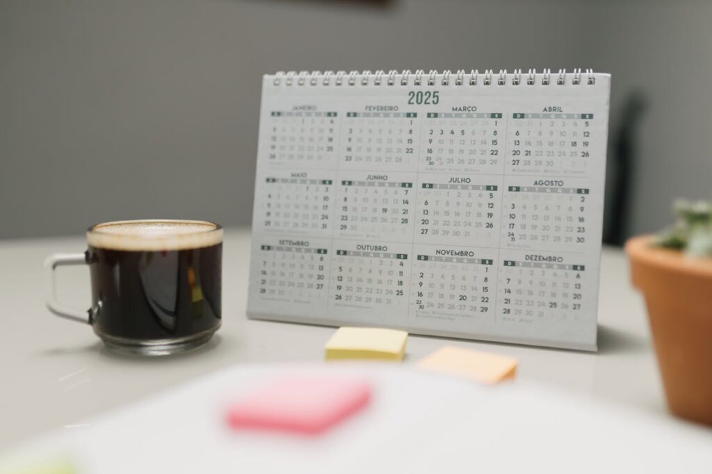 calendar and coffee on a desk